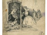 an old drawing of a woman in a dress standing in front of a mirror