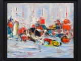 abstract painting of a cityscape with boats in the water