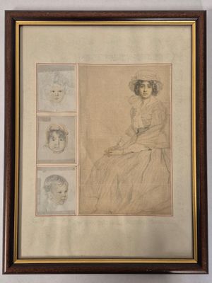 a drawing of a woman sitting in a chair next to a picture of a man