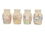 three vases with pictures of people on them sitting next to each other