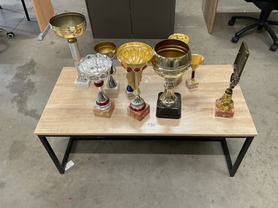 de nombreux trophées posés sur une table dans une pièce