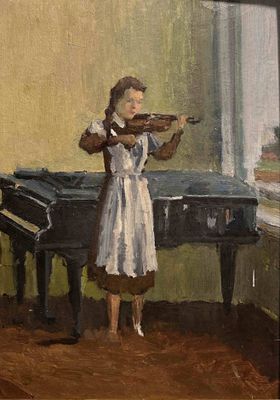 un tableau représentant une jeune fille jouant du violon devant un piano