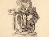 an old drawing of a man and a child sitting on a chair