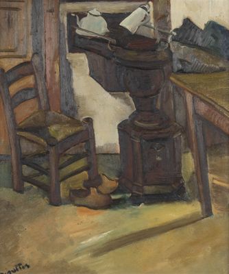 un tableau représentant une table sur laquelle se trouvent deux chaises et un bol