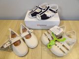 three pairs of shoes that are on a table