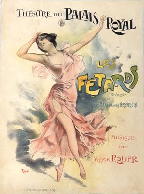 une vieille affiche française représentant une femme en robe rose