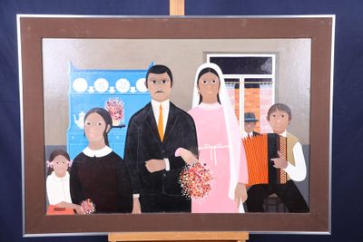 une photo d'un tableau représentant une famille, posé sur un chevalet