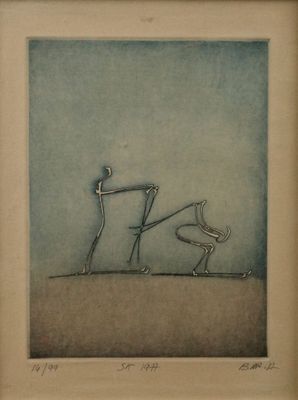 une image représentant un dessin d'un homme et d'un chien sur une colline