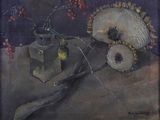 a painting of a still life with flowers and fruit on a table
