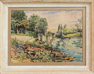 an image of a painting of a boat on a river