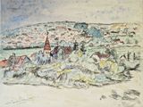 dessin représentant un paysage avec une église et un village au loin