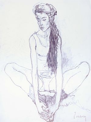 dessin au crayon représentant une femme assise par terre, les jambes croisées