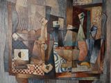 une peinture représentant une nature morte avec un vase et d'autres objets