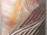 abstract painting of a bird in flight with a sunset in the background