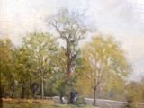 a painting of cows grazing in a field by the water