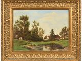 un tableau représentant une scène de campagne avec un ruisseau au premier plan