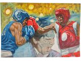 painting of two boxers fighting with each other in a boxing ring