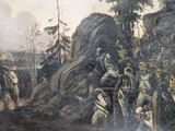 a painting of a group of people in a wooded area