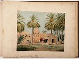 an old book with a picture of a building and palm trees