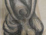 a drawing of a woman sitting on a table