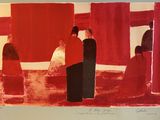 painting of a group of people standing in front of a red wall