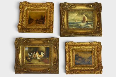 four framed paintings of people on a beach with a sailboat in the background