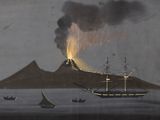 painting of a ship in a body of water with a mountain in the background
