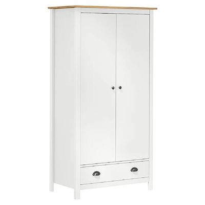 une armoire blanche avec deux tiroirs et un plateau en bois