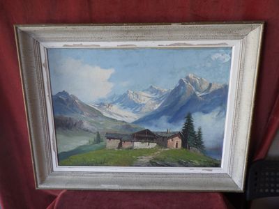 a picture of a painting of a house in the mountains