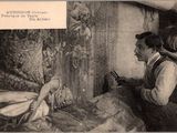 une vieille photo représentant un homme et une femme assis sur un lit