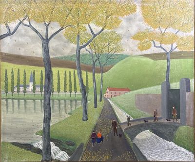 un tableau représentant des personnes marchant sur un sentier dans le parc