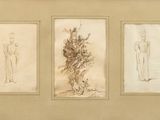 an image of a drawing of a man standing in front of a group of drawings
