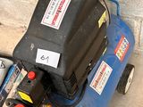a blue air compressor sitting on top of a blue table