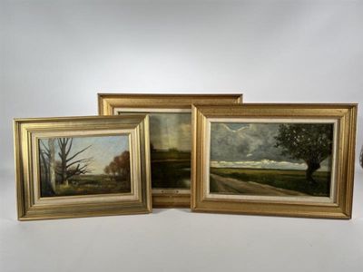 three framed paintings of a landscape with trees and a road