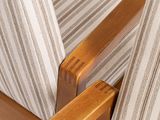 the back of a chair with a striped upholstered seat and arm rest