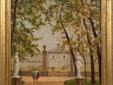 une peinture représentant une peinture d'un jardin avec des statues et des arbres