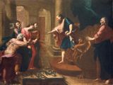tableau représentant un groupe de personnes dans une grotte, parmi lesquelles un homme tenant une épée
