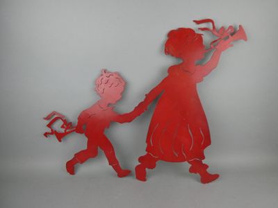 a red silhouette of a boy and a girl holding hands