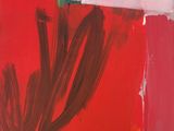 abstract painting of red, yellow, green, and blue with a white background