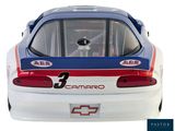 a white car with a red and blue stripe on it