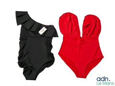 two swimsuits that are next to each other on a white background