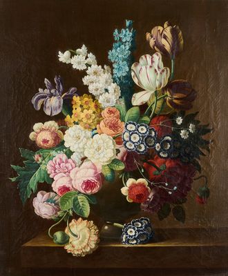 tableau représentant un vase de fleurs posé sur une table, avec d'autres fleurs