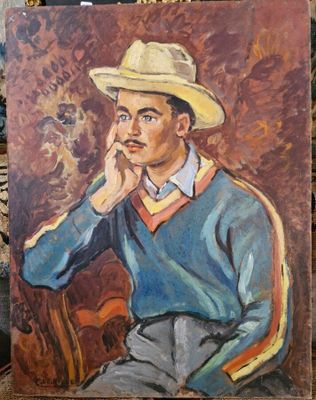 tableau représentant un homme coiffé d'un chapeau, assis sur une chaise avec un violon
