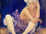 a painting of a woman sitting on the ground with flowers