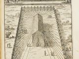 un vieux livre avec un dessin représentant une pyramide au milieu