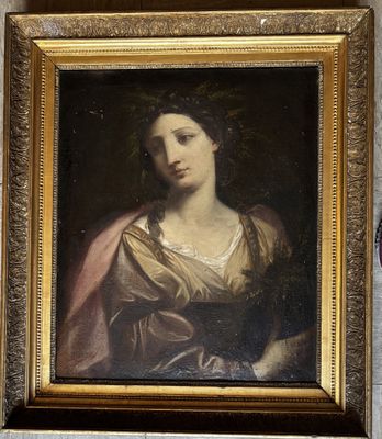 painting of a woman in a gold dress with a pink shawl on her head