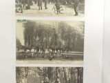 four pictures of people riding horses in the woods