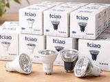 several different types of light bulbs sitting on a table next to a plant