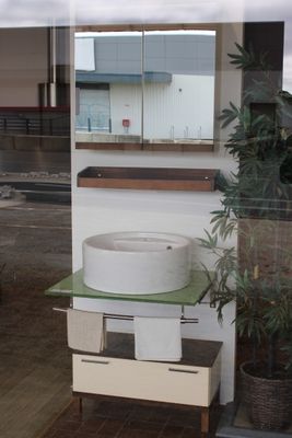 une photo d'une salle de bains avec un lavabo et une plante en pot