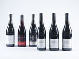 six bottles of red wine lined up in a row